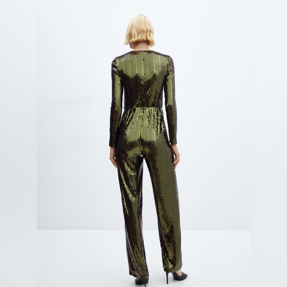 Mango Green Sequin Jumpsuit – Deep V Neck Party Statement Piece Brand New - Picture 3 of 6